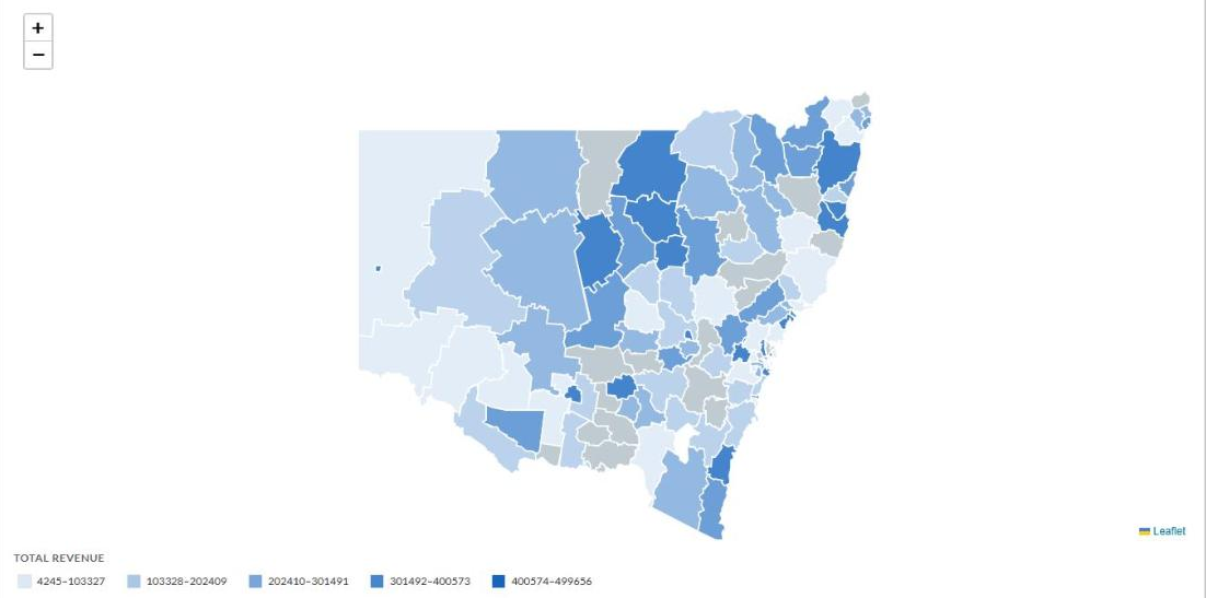 New South Wales map shaded by total revenue