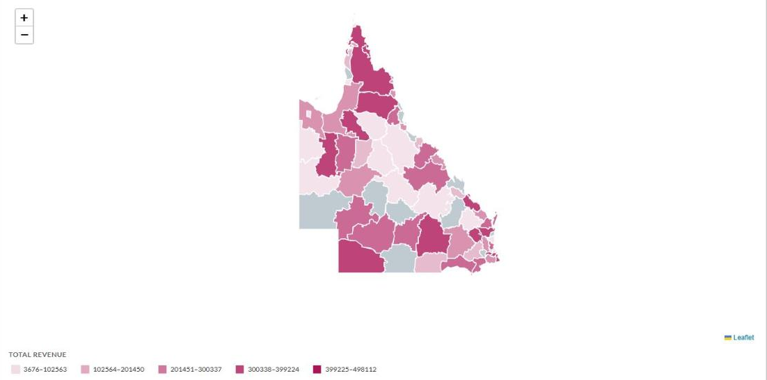 Queensland map shaded by total revenue