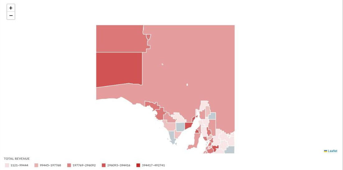 South Australia map shaded by total revenue