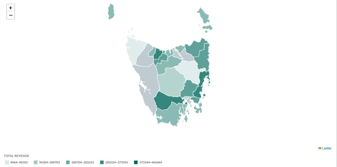 Tasmania map shaded by total revenue
