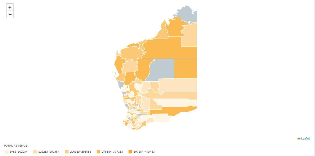 Western Australia map shaded by total revenue
